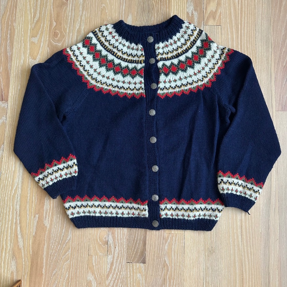 Vintage Oslo Sweater Shop Norwegian Fair Isle Cardigan Wool Granola Apres Navy